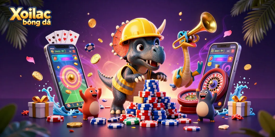 Xoilac bóng đá showcases thrilling sports betting with playful dinosaurs and vivid gaming elements.