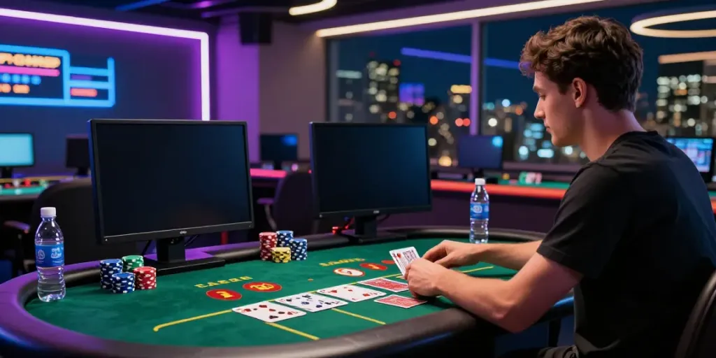 Player engaged with online credit card casinos, live dealer on screen, vibrant gaming setup.