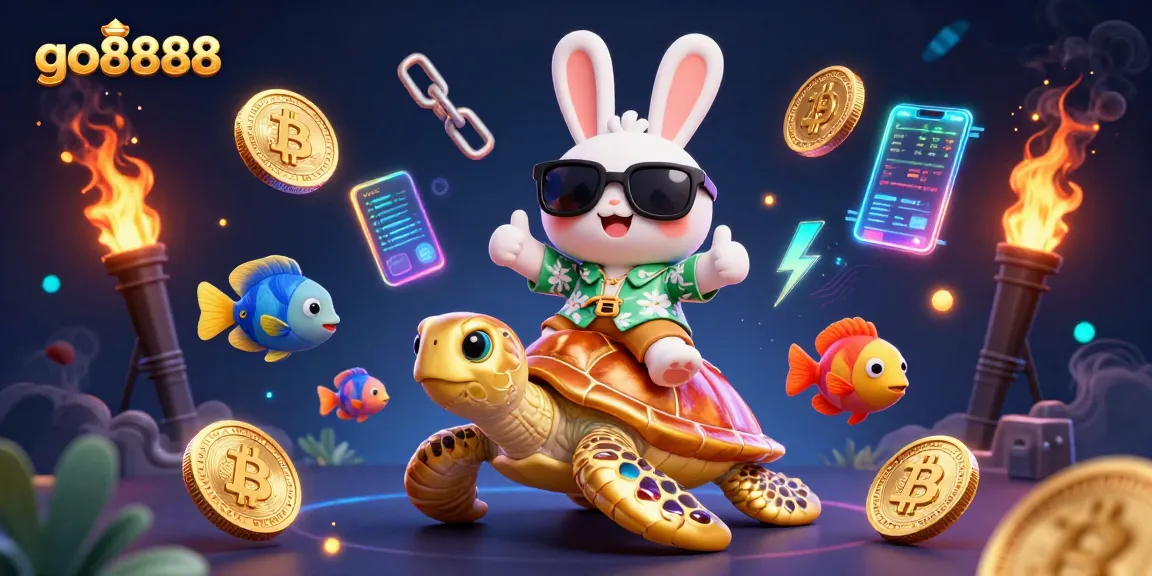 Experience winning at go8888 with the lucky rabbit and golden sea turtle amidst vibrant crypto elements.