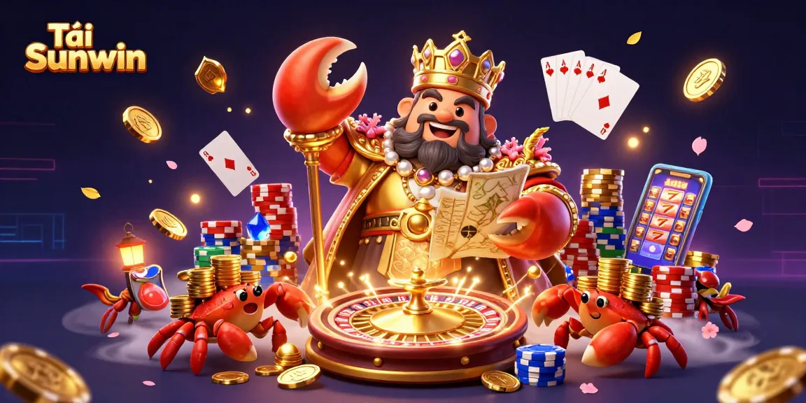 Tải Sunwin features a golden crab emperor amidst casino elements showcasing vibrant displays of riches and strategic gameplay.