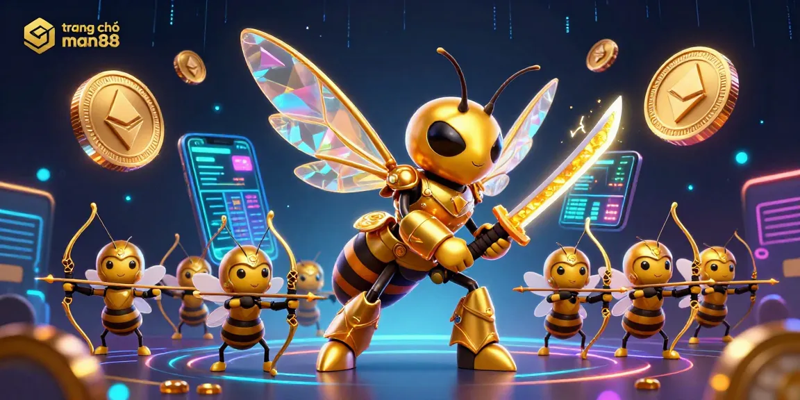 Engage with trang chủ man88's vibrant online casino scene showcasing 3D characters amid glowing crypto coins.