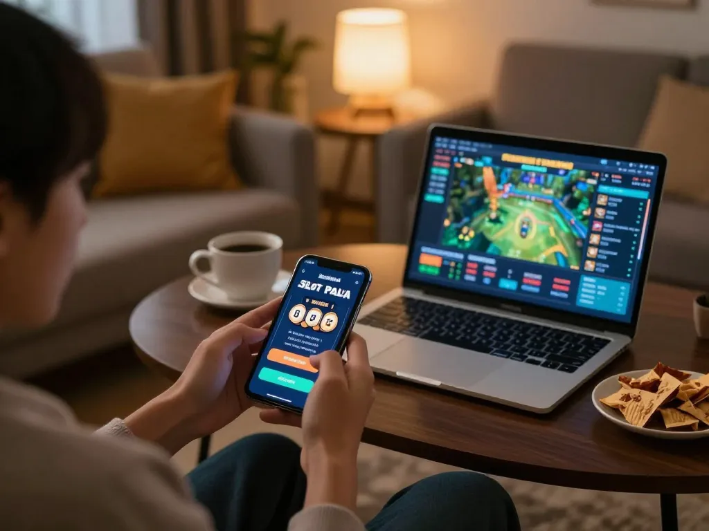 Engaging in mobile gaming on a smartphone with slot pulsa app in cozy home setting.