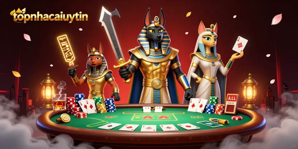 Engage in thrilling gameplay at topnhacaiuytin with a vibrant 3D casino scene featuring Anubis and gambling elements.
