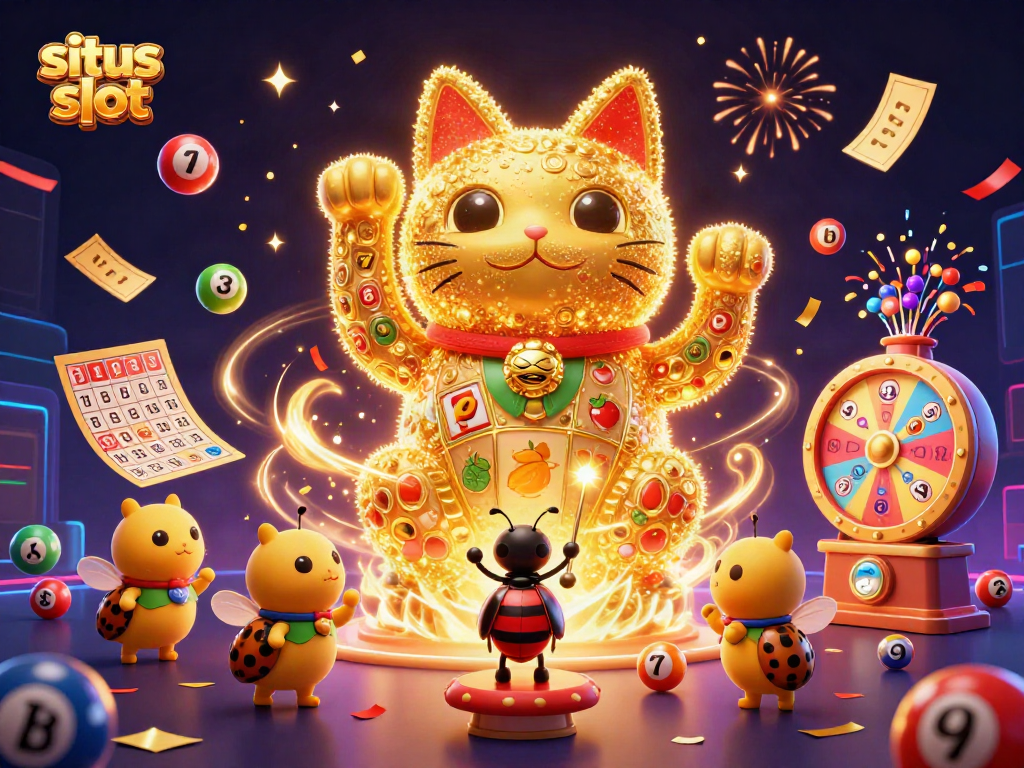 Experience situs slot fun with a vibrant scene featuring a golden lucky cat and dynamic casino elements.