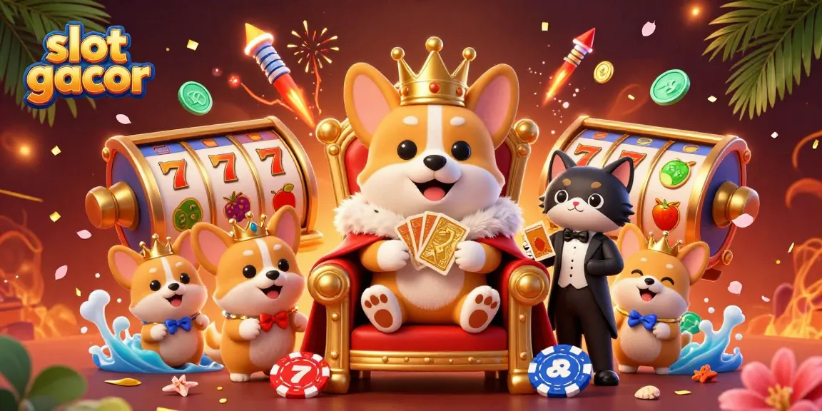 Engage with slot gacor visuals featuring a royal corgi on a poker chip throne among lively gambling elements.
