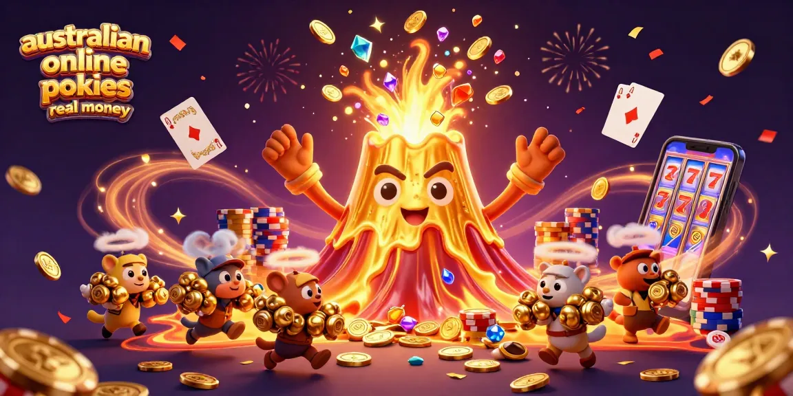 Spin to win at Australian online pokies real money with coins and treasures erupting from a golden volcano.