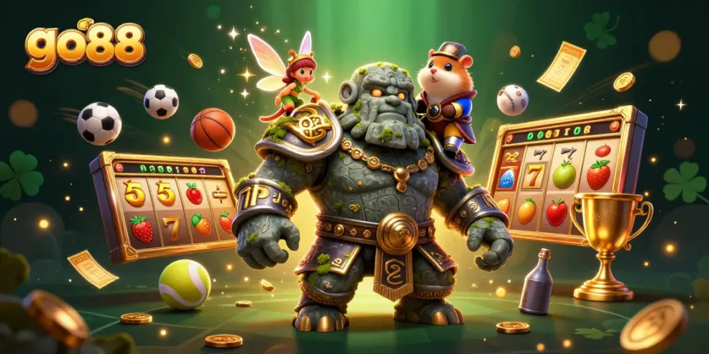 Experience exhilarating gameplay with go88 featuring a golem guardian, fairy magic, and vibrant gambling elements.