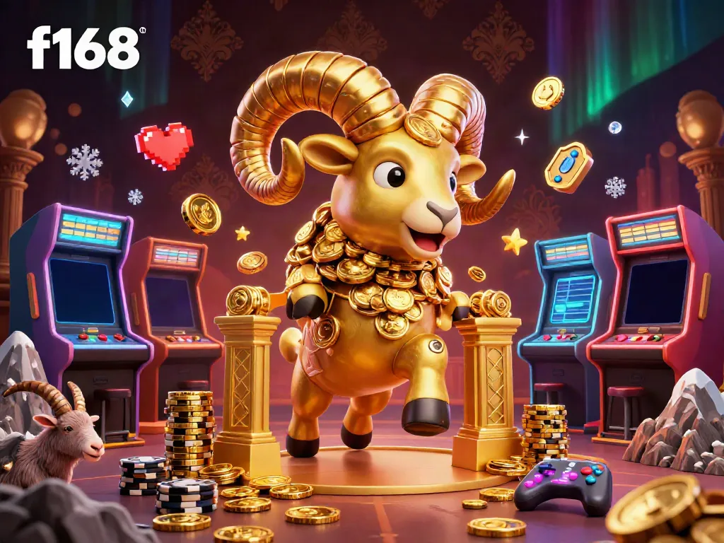 Experience the thrill of f168 casino with a golden ram, vibrant arcade machines, and dynamic game elements.
