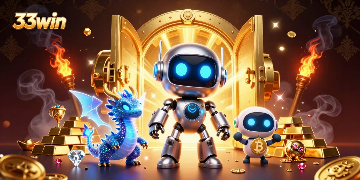 Engage with 33win's thrilling online gaming adventure featuring a cyberpunk robot in a vibrant casino.