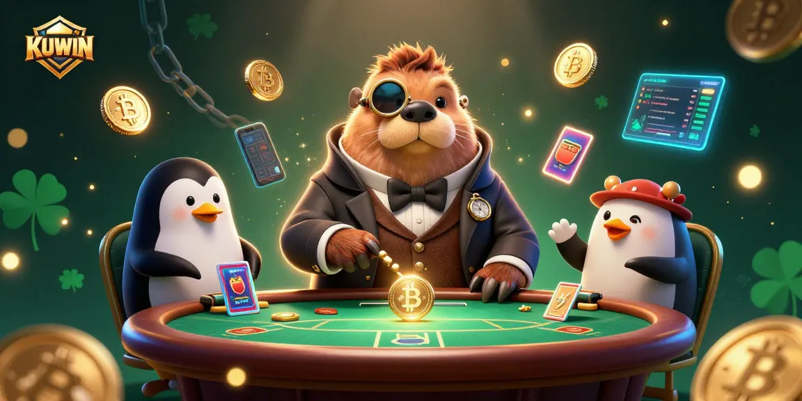 Kuwin gaming scene featuring a jolly walrus at an underwater poker table with crypto elements.