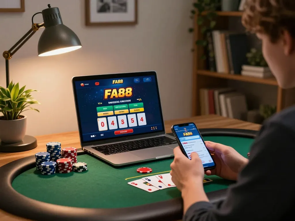 FA88 user engaging with a smartphone app for live casino gaming, creating a vibrant home scene.