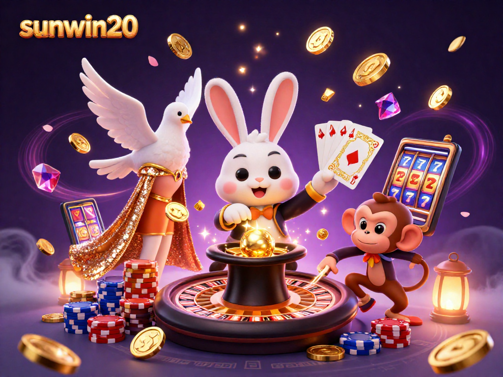 WIN with sunwin20 in a vibrant casino illustration featuring a magician rabbit, playing cards, and golden coins.