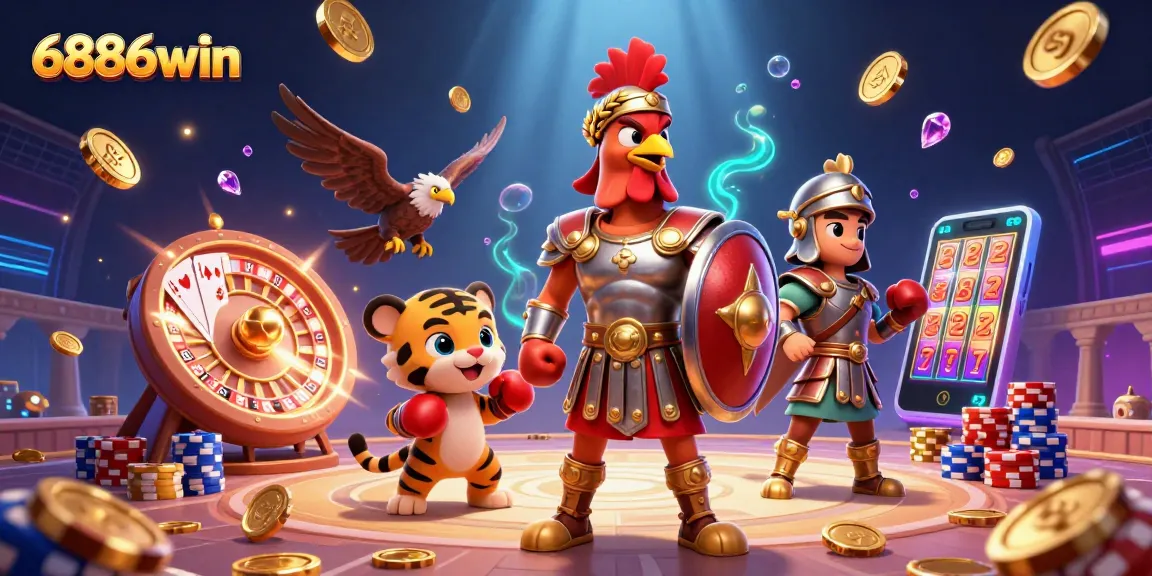 Experience excitement with 6886win's dynamic casino scene featuring a gladiator rooster, gold coins, and vibrant casino elements.