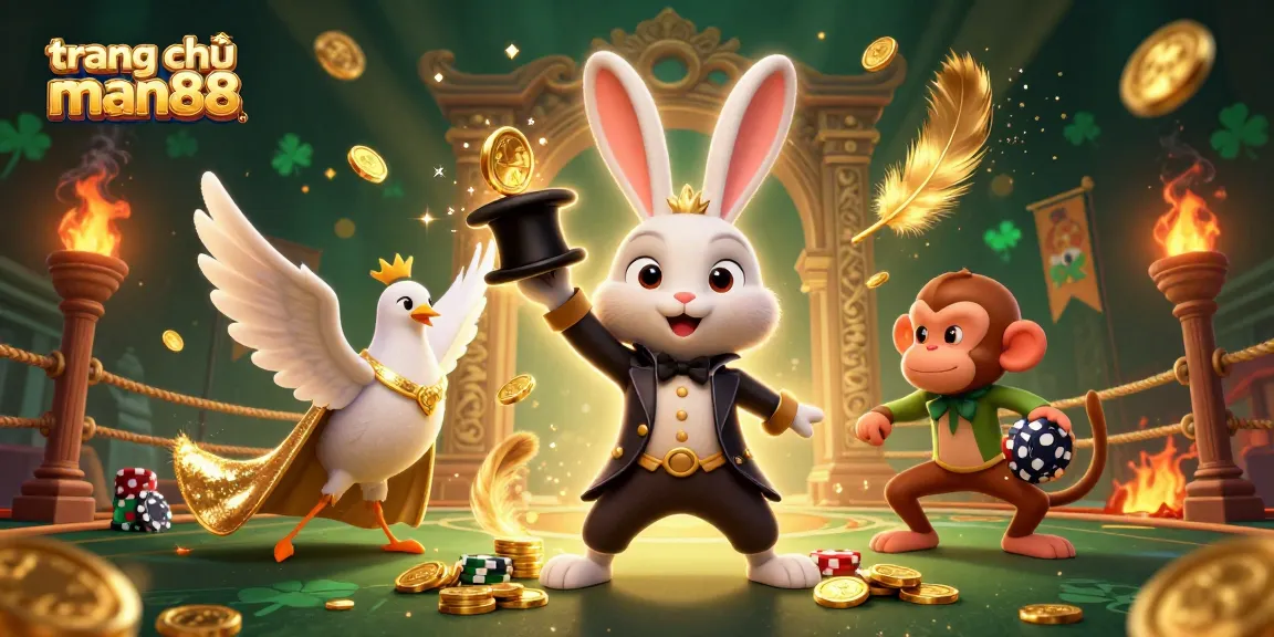 Spin and win at trang chủ man88 with the magician rabbit, gold coins, and poker chips.
