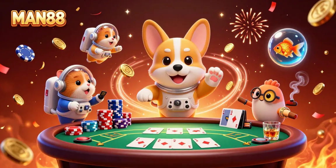 MAN88 offers an engaging floating space casino scene featuring unique characters and rich gambling elements.