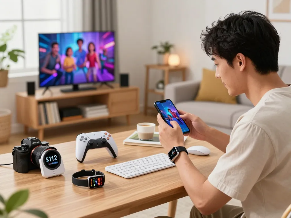 Exploring cool tech gadgets under $112 in a cozy living room with innovative devices and a vibrant gaming setup.