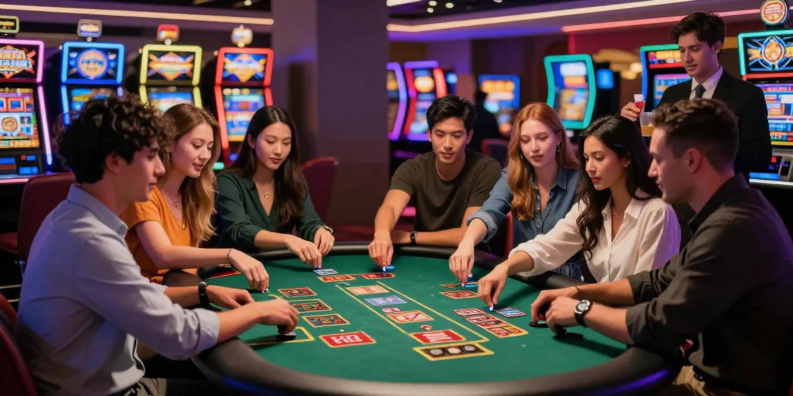 Exciting gaming scene with friends enjoying the solbet app en paraguay online in a vibrant casino atmosphere surrounded by slot machines and neon lights.