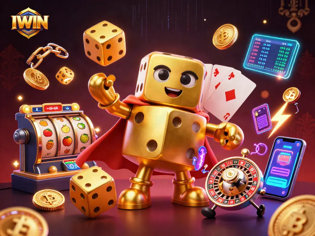 IWIN slots come alive in a vibrant scene filled with magical golden dice, Bitcoin coins, and jackpot symbols.