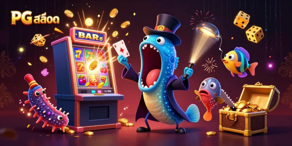 Experience the thrill of PG สล็อต with a captivating underwater casino scene featuring vibrant characters and dynamic game elements.