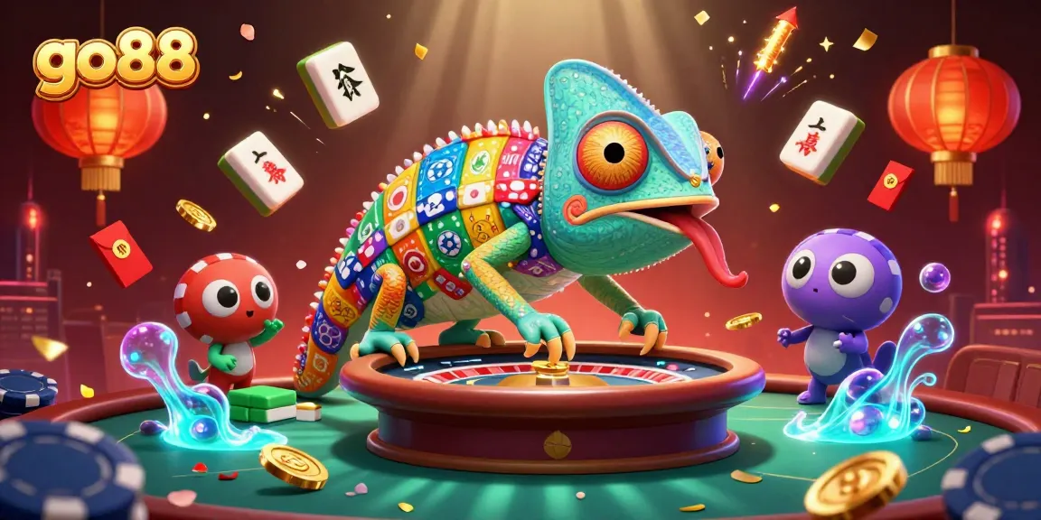 Join the excitement at go88 with a vibrant chameleon casino owner, surrounded by colorful gaming elements.