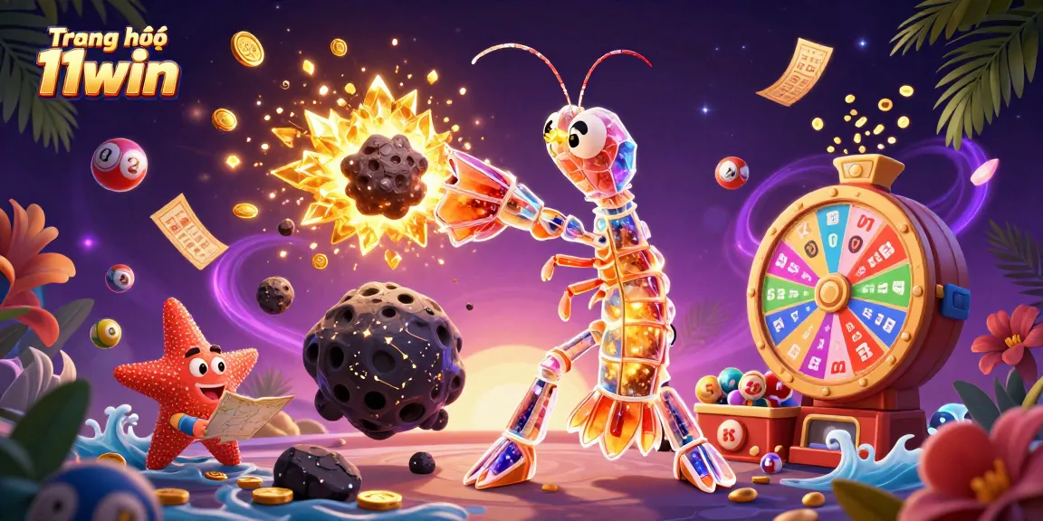 Win big with Trang chủ 11win: A vibrant 3D scene filled with colorful casino elements and galactic characters.