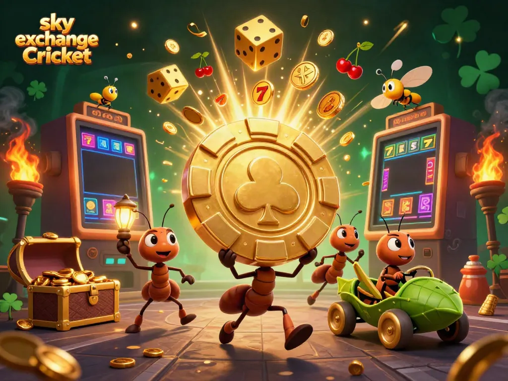 Action-packed scene showcasing sky exchange Cricket with ants stealing a giant poker chip amidst casino chaos.