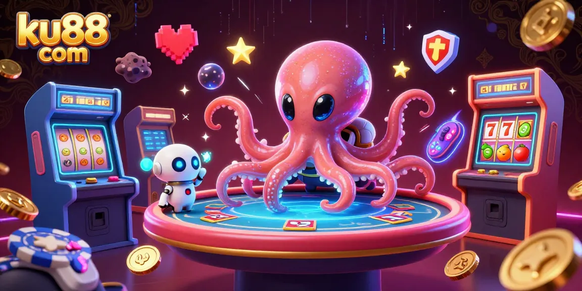 Engage with ku88 com at the dynamic holographic poker table, surrounded by vibrant casino elements.